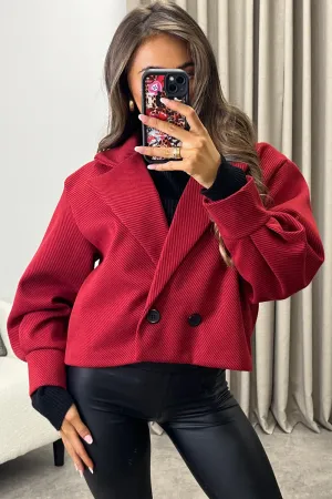 Devyn Cherry Red Striped Wool Look Button Up Trench Jacket