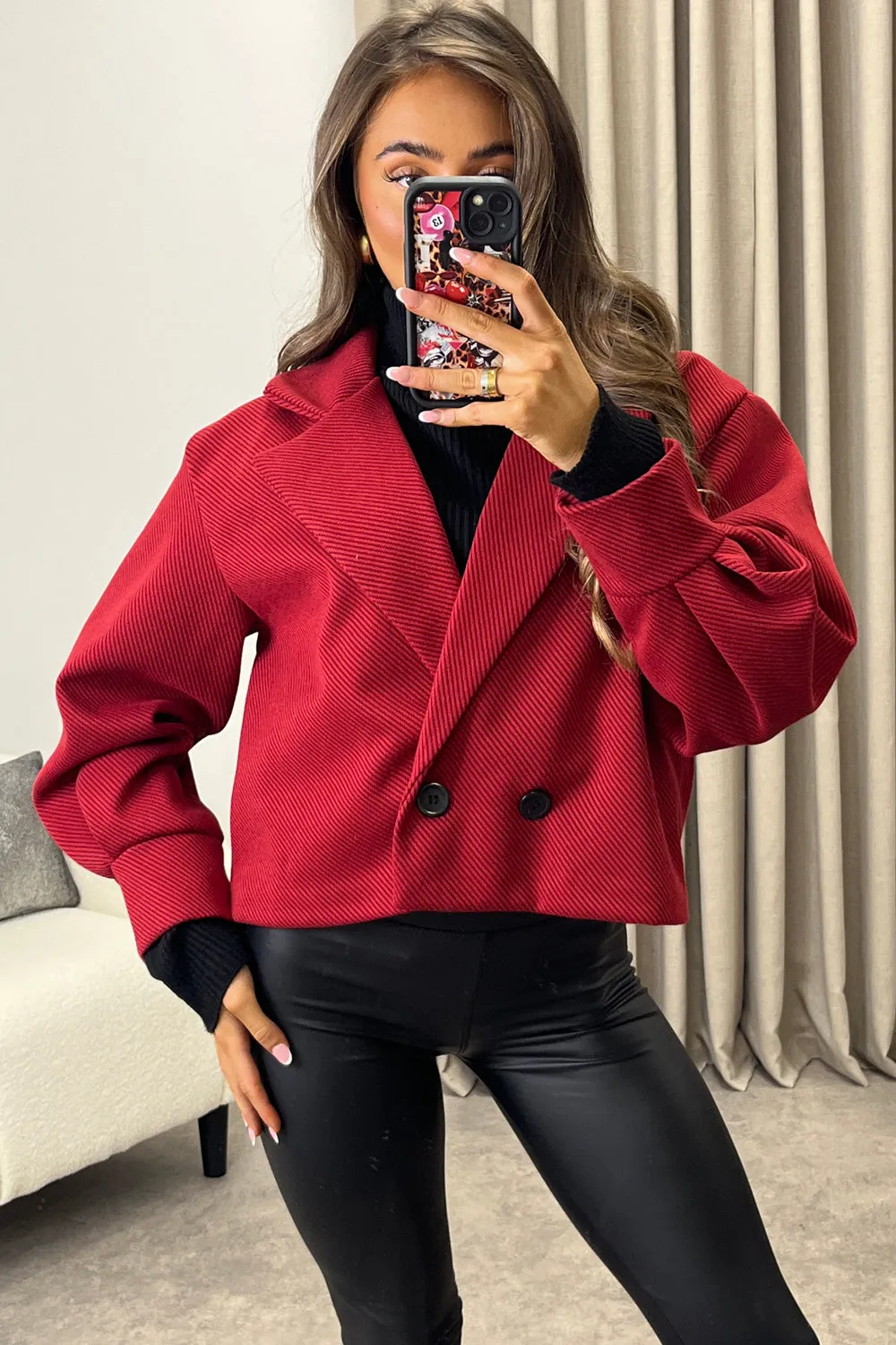 Devyn Cherry Red Striped Wool Look Button Up Trench Jacket