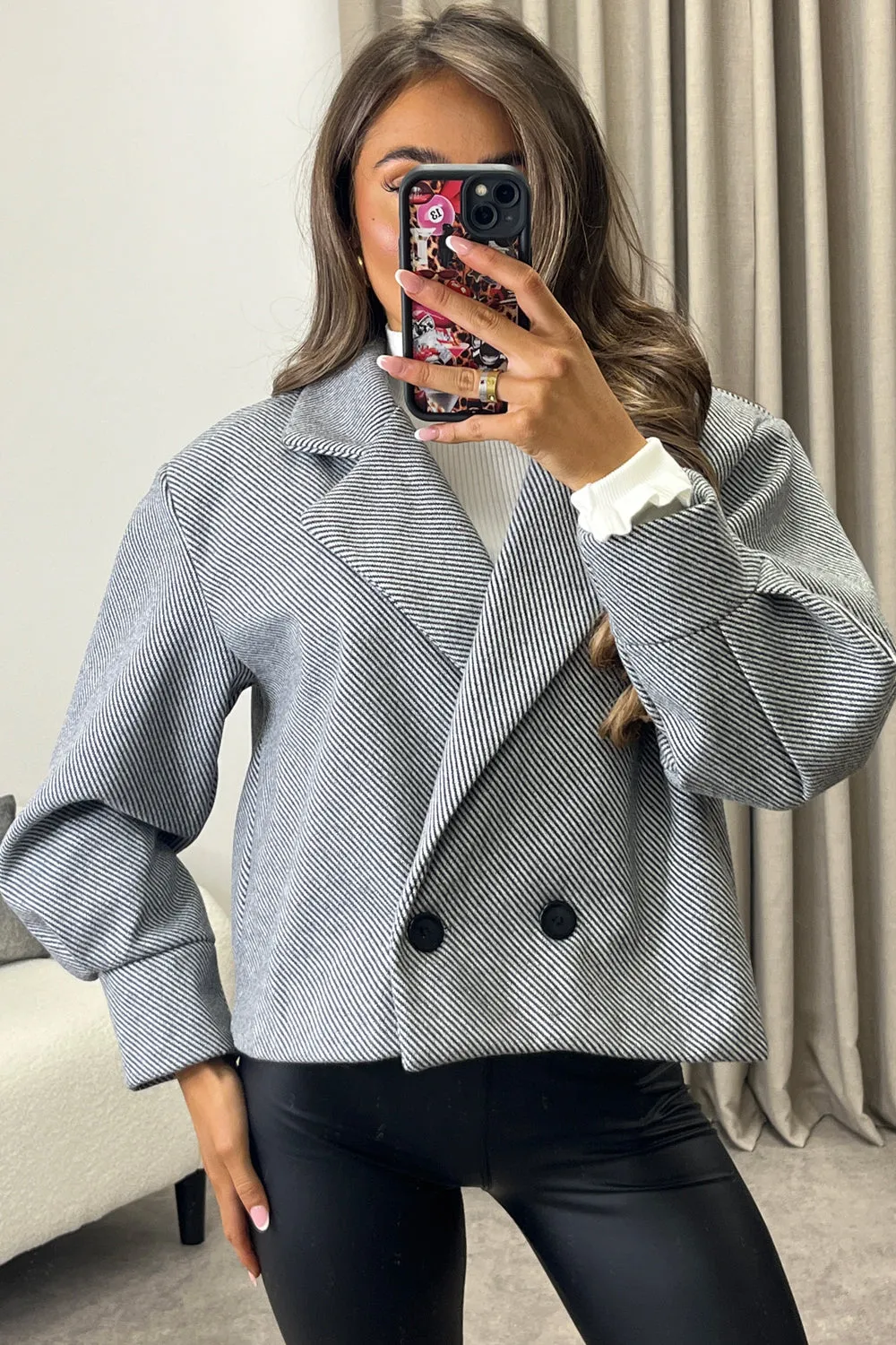 Devyn Grey Striped Wool Look Button Up Trench Jacket