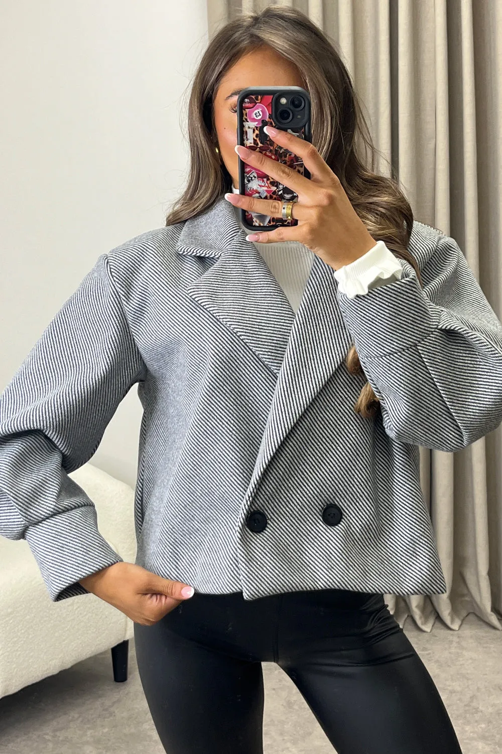 Devyn Grey Striped Wool Look Button Up Trench Jacket