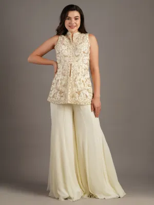 Ivory Net Mandala Sleeveless Jacket With Georgette Kali Pants