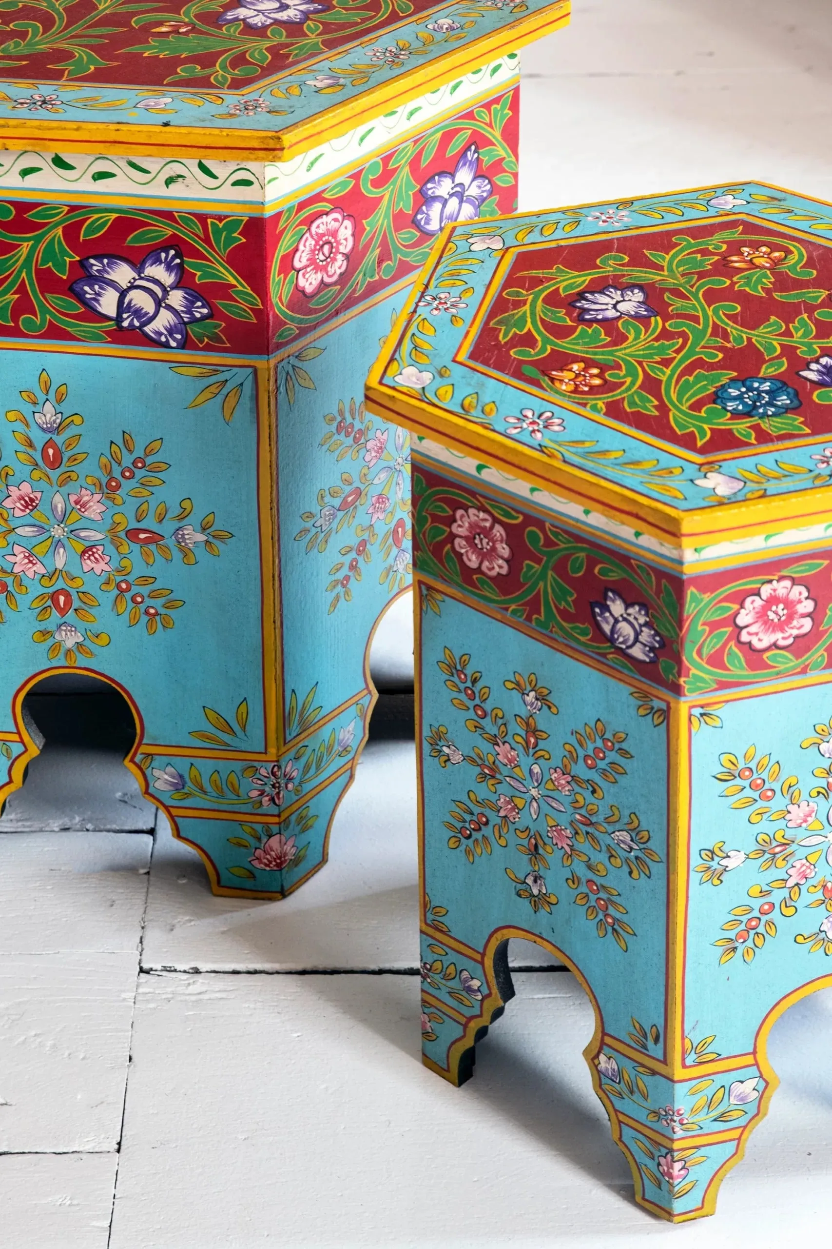 Jaipur Style Hand Painted Nested Side Coffee Table | Wooden Flower Rajasthani Bedside