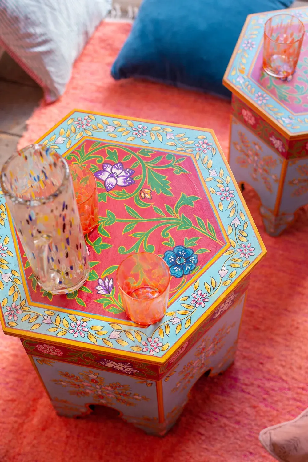 Jaipur Style Hand Painted Nested Side Coffee Table | Wooden Flower Rajasthani Bedside