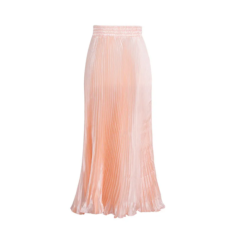 Luexco Satin Skirt Long Metallic Chiffon Pleated High Waist