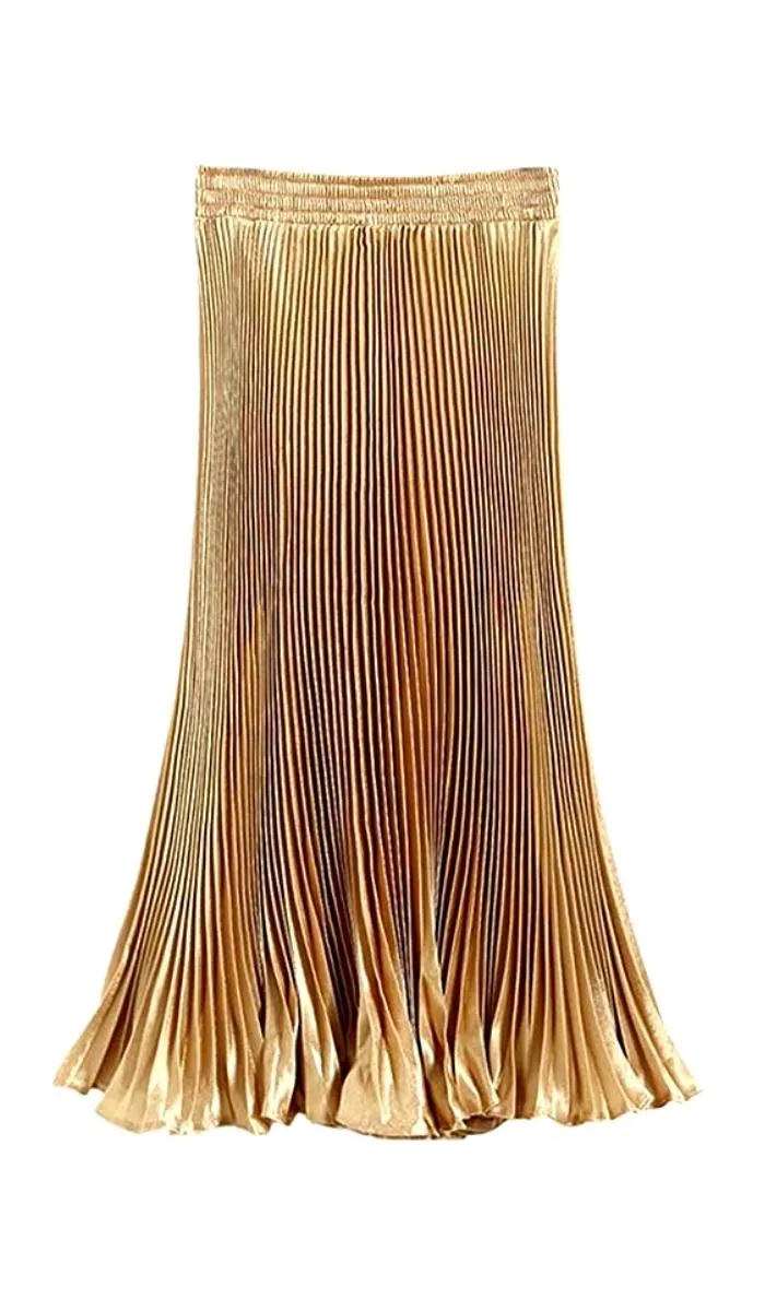 Luexco Satin Skirt Long Metallic Chiffon Pleated High Waist
