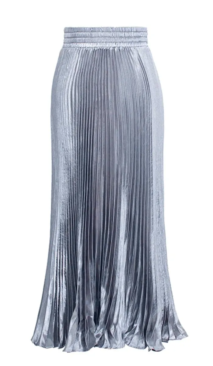 Luexco Satin Skirt Long Metallic Chiffon Pleated High Waist