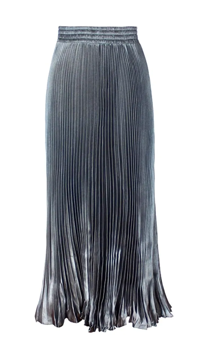 Luexco Satin Skirt Long Metallic Chiffon Pleated High Waist