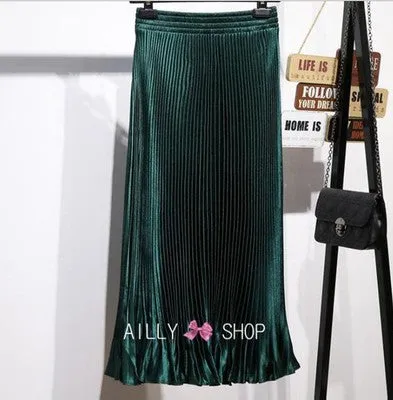 Luexco Satin Skirt Long Metallic Chiffon Pleated High Waist