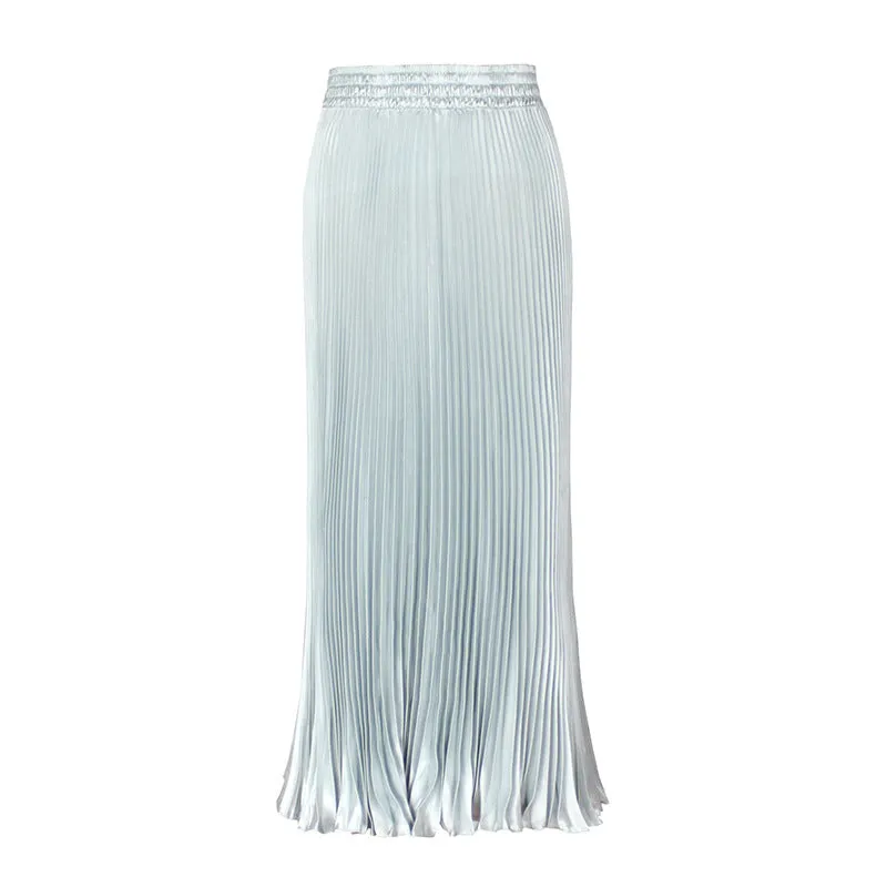 Luexco Satin Skirt Long Metallic Chiffon Pleated High Waist