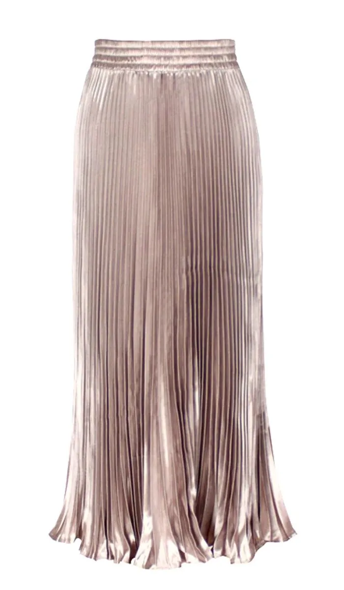 Luexco Satin Skirt Long Metallic Chiffon Pleated High Waist