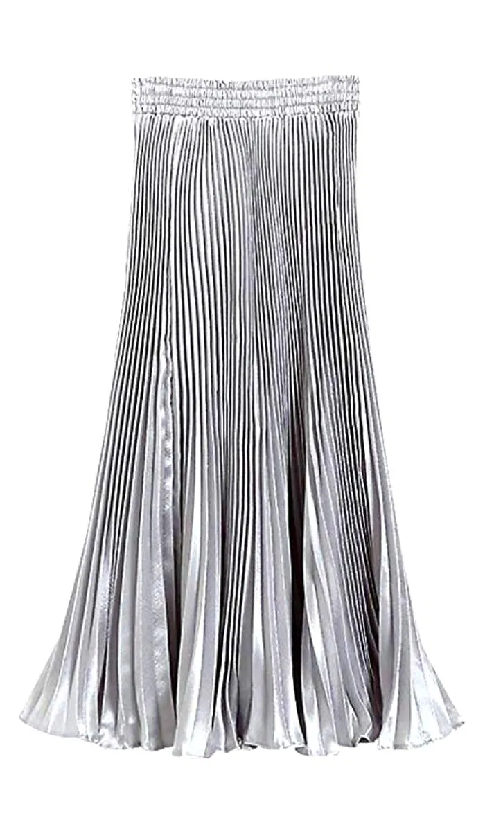 Luexco Satin Skirt Long Metallic Chiffon Pleated High Waist