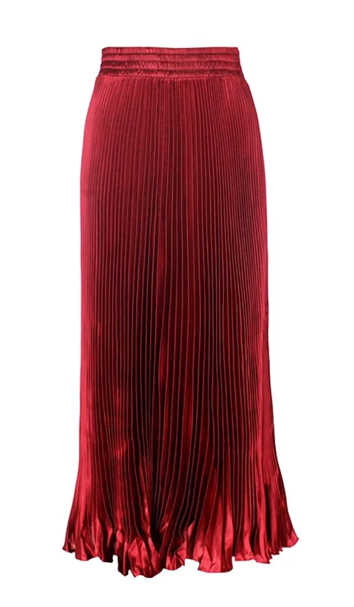 Luexco Satin Skirt Long Metallic Chiffon Pleated High Waist