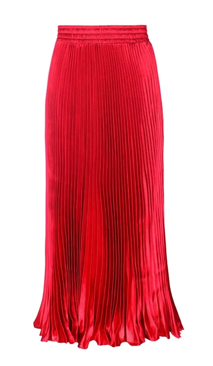 Luexco Satin Skirt Long Metallic Chiffon Pleated High Waist