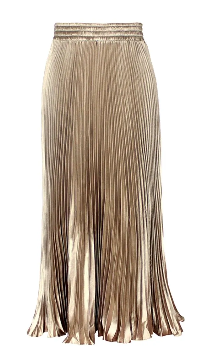 Luexco Satin Skirt Long Metallic Chiffon Pleated High Waist