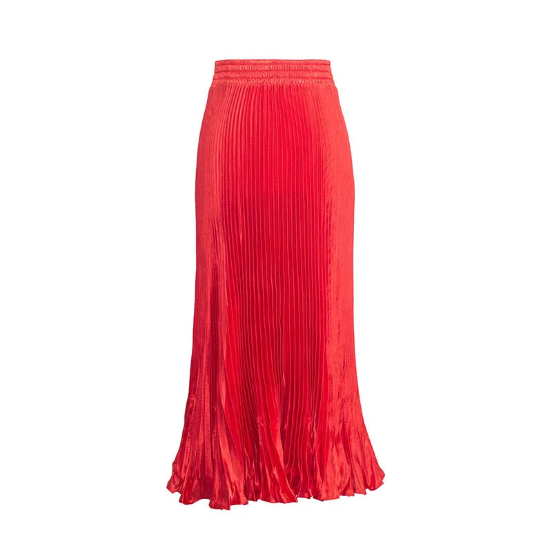 Luexco Satin Skirt Long Metallic Chiffon Pleated High Waist