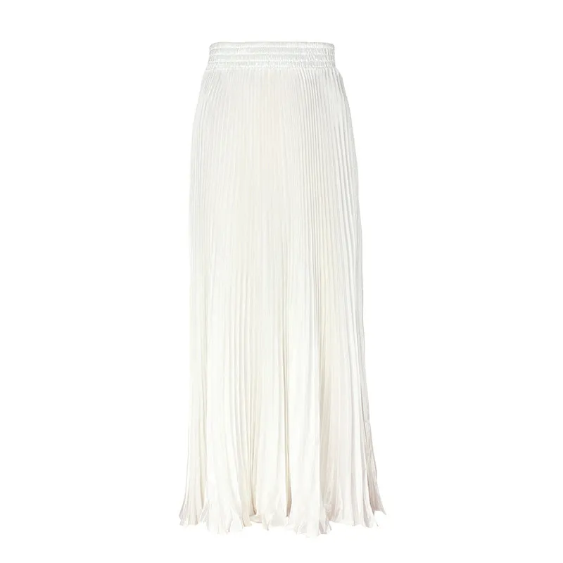 Luexco Satin Skirt Long Metallic Chiffon Pleated High Waist