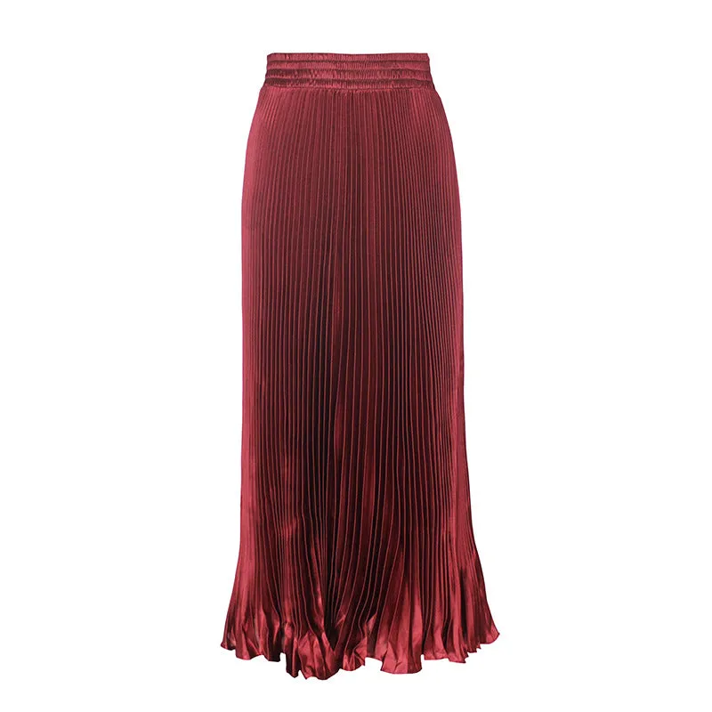 Luexco Satin Skirt Long Metallic Chiffon Pleated High Waist