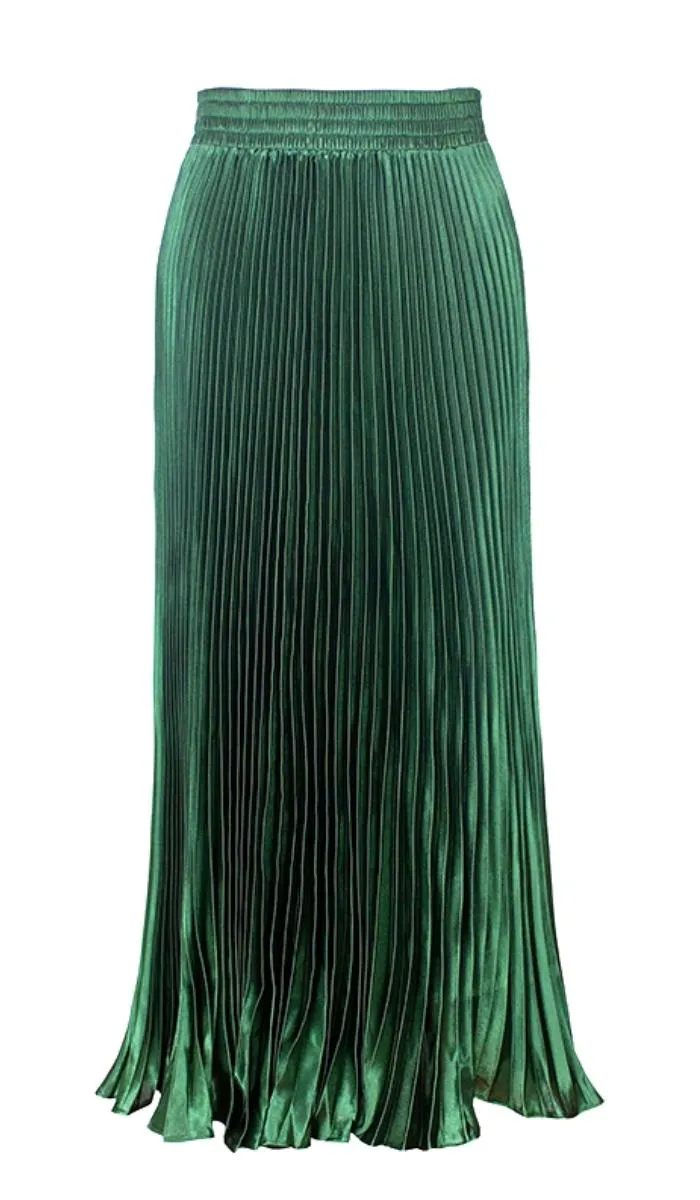 Luexco Satin Skirt Long Metallic Chiffon Pleated High Waist