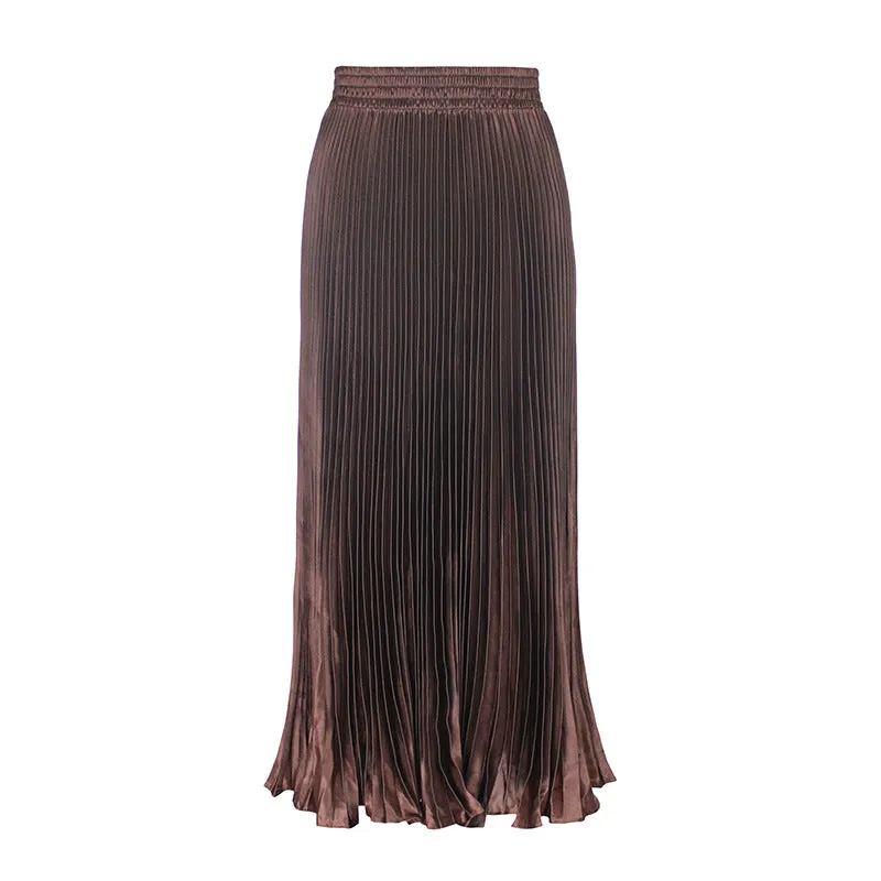 Luexco Satin Skirt Long Metallic Chiffon Pleated High Waist