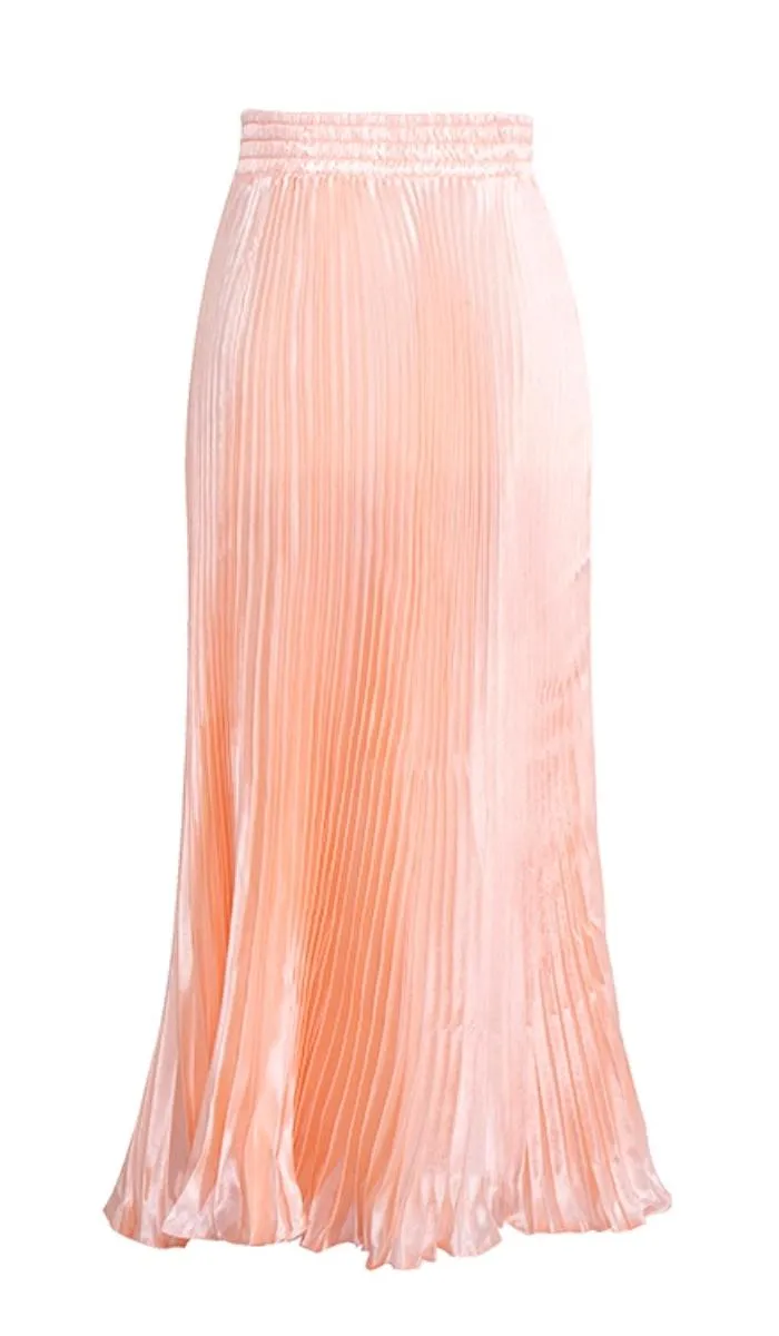 Luexco Satin Skirt Long Metallic Chiffon Pleated High Waist