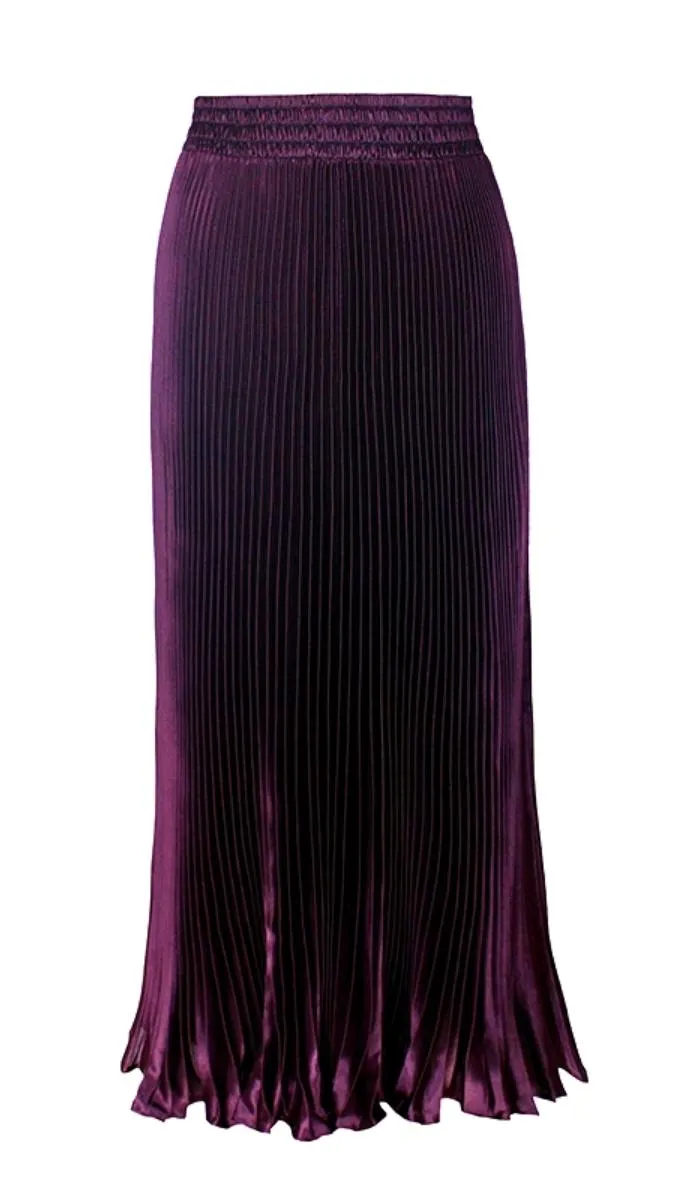 Luexco Satin Skirt Long Metallic Chiffon Pleated High Waist