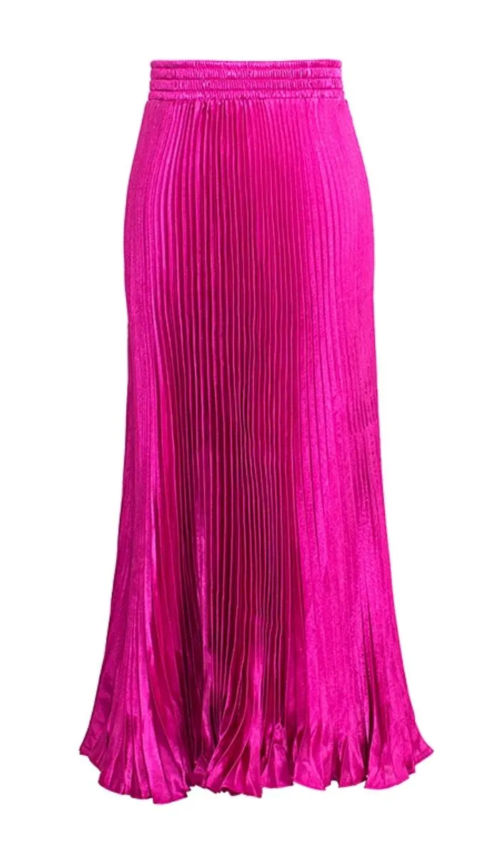 Luexco Satin Skirt Long Metallic Chiffon Pleated High Waist