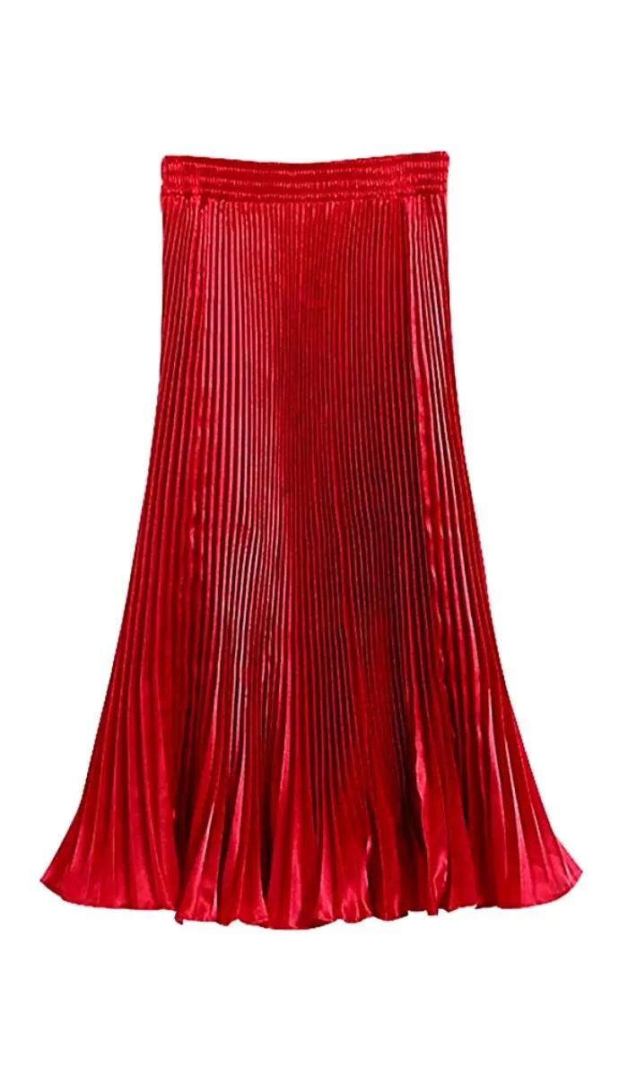 Luexco Satin Skirt Long Metallic Chiffon Pleated High Waist
