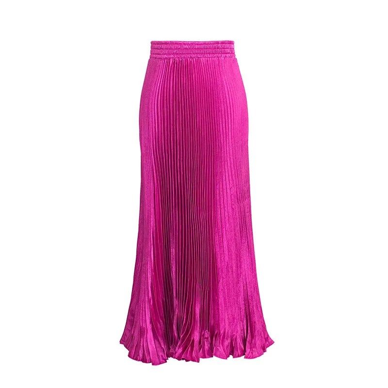Luexco Satin Skirt Long Metallic Chiffon Pleated High Waist