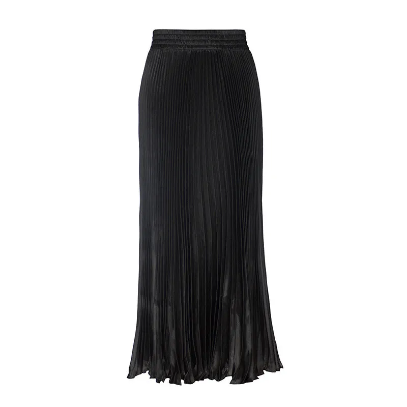 Luexco Satin Skirt Long Metallic Chiffon Pleated High Waist