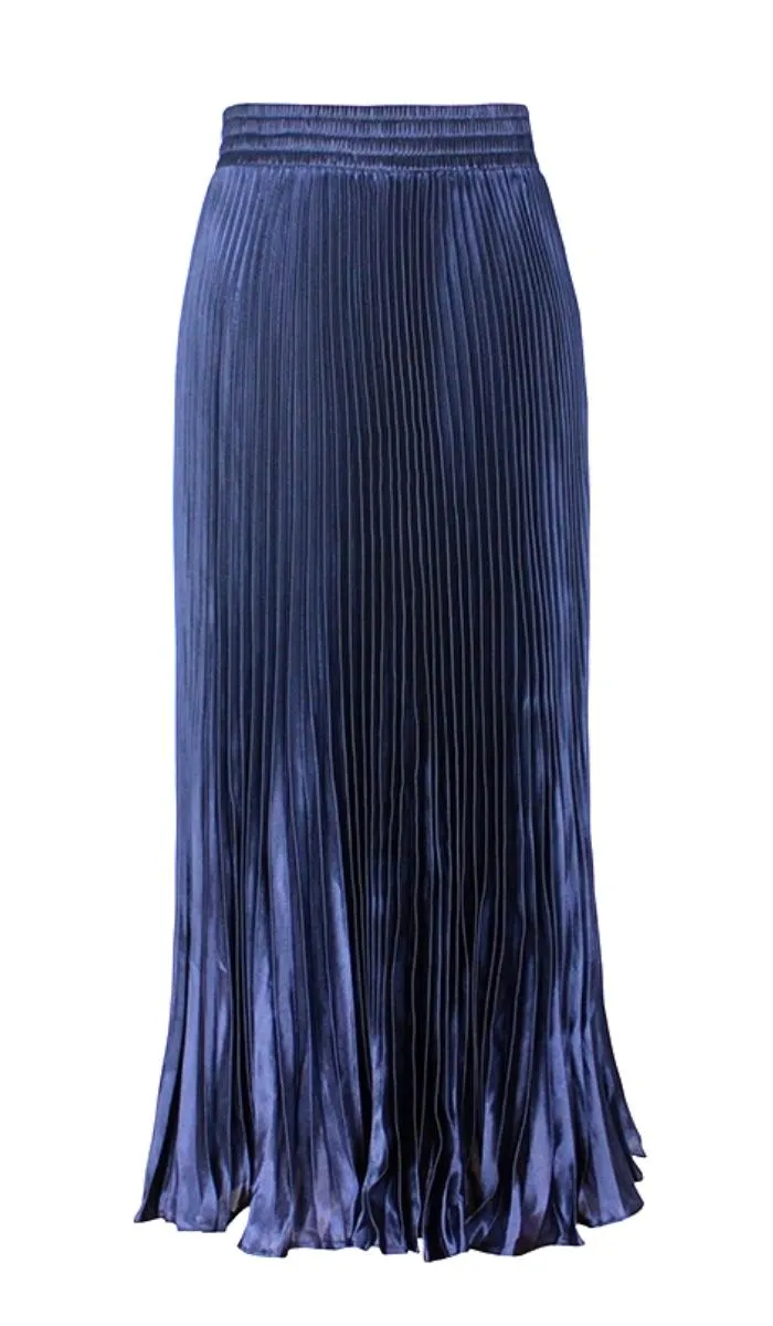 Luexco Satin Skirt Long Metallic Chiffon Pleated High Waist