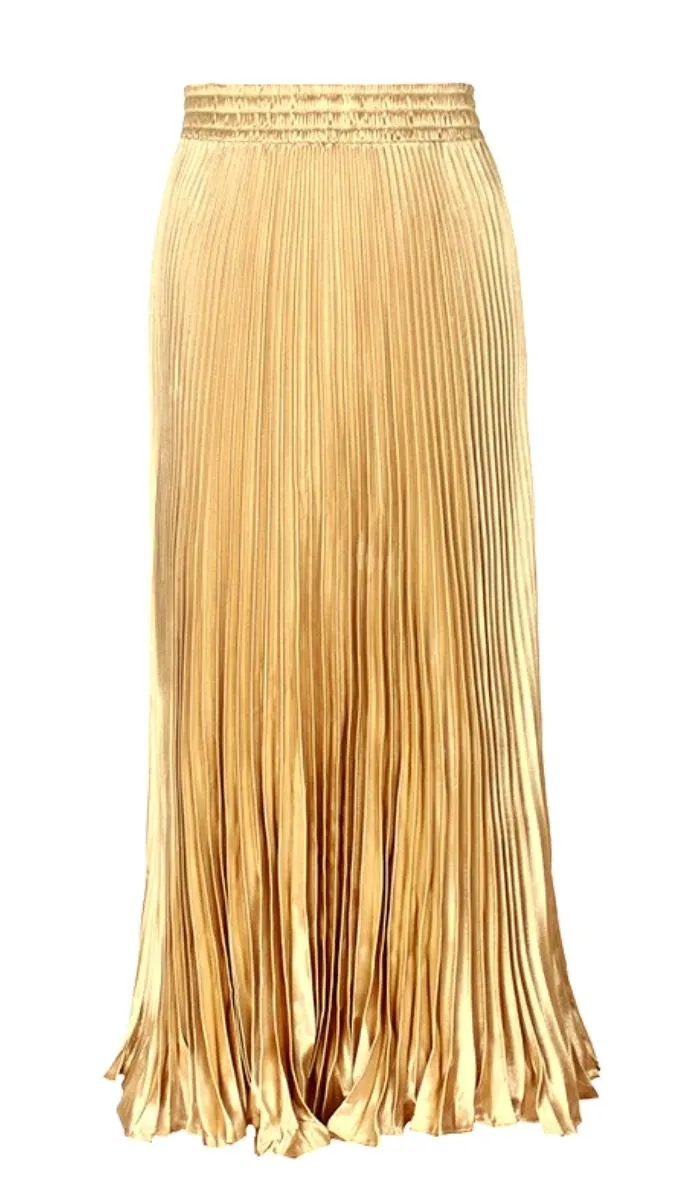 Luexco Satin Skirt Long Metallic Chiffon Pleated High Waist
