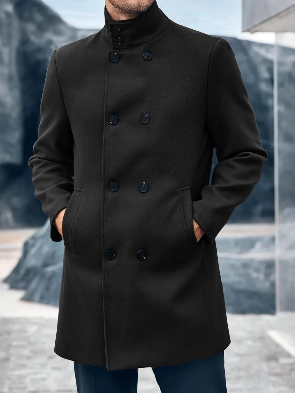 Men's Grey Modern Wool Button Down Mid Length Trench Coat
