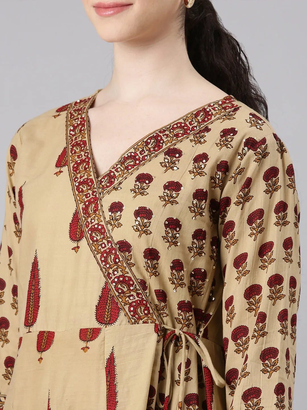 Neerus Women Beige Anarkali Kurta and Trousers With Dupatta