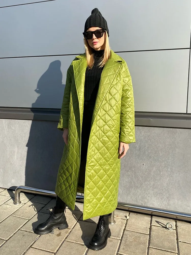 Winter Woman Coat Long Straight Rhombus Pattern Parkas Green Casual Sashes Windproof Warm Thick Coat Elegant Female Outwear